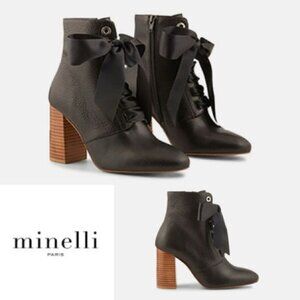 Minelli Women’s Black Leather Lace-Up Ankle Fall classy Boots Block Heel Size 40